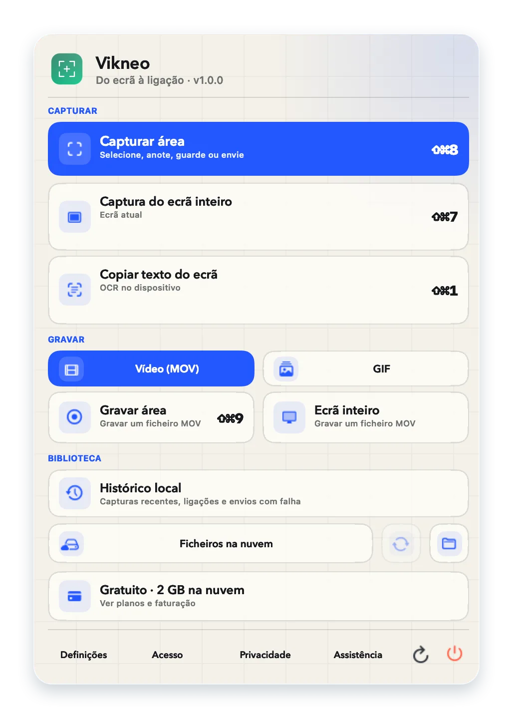O menu do Vikneo mostra o reconhecimento local de texto no ecrã.
