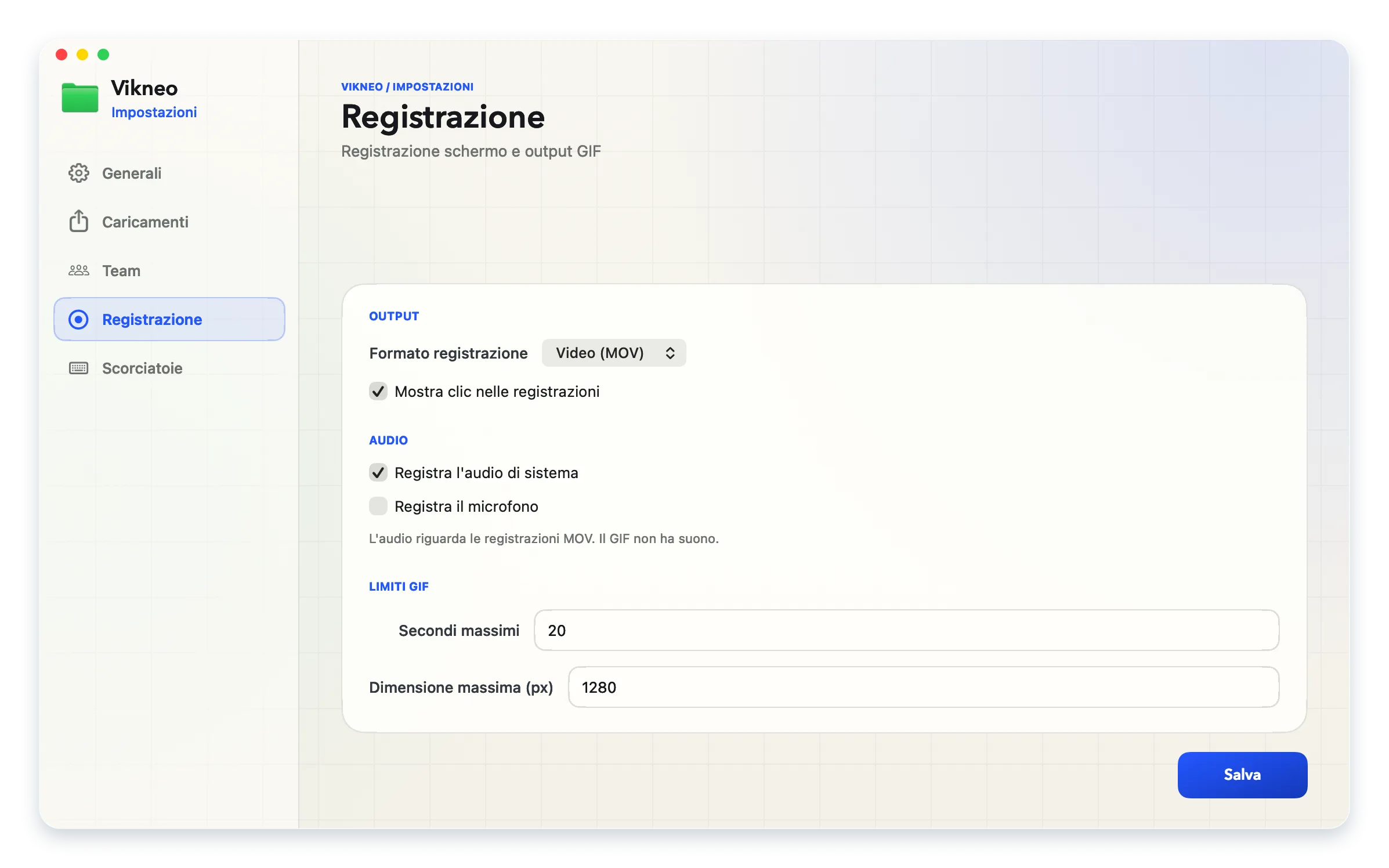 Le impostazioni di Vikneo mostrano registrazioni MOV e GIF, audio di sistema e microfono.