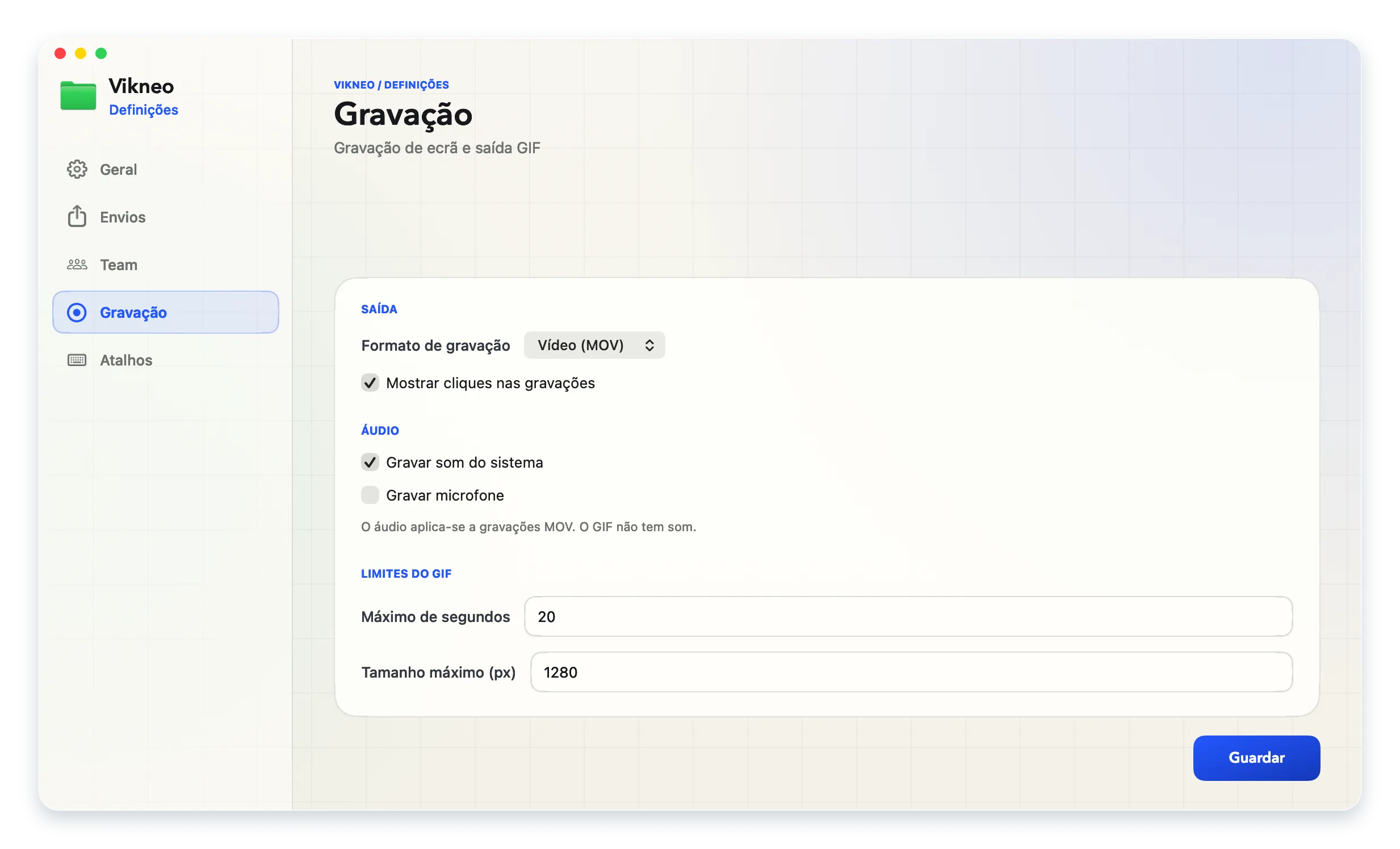 As definições do Vikneo mostram MOV, GIF, áudio do sistema e microfone.