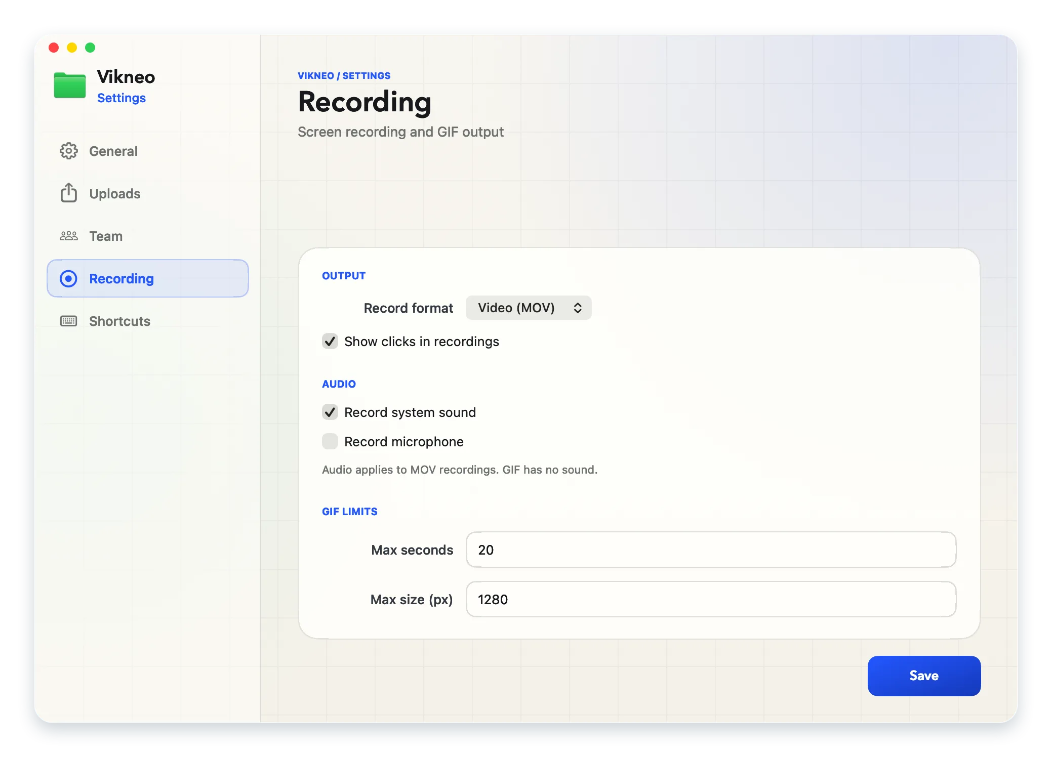 Vikneo recording settings for MOV, GIF, system audio, and microphone