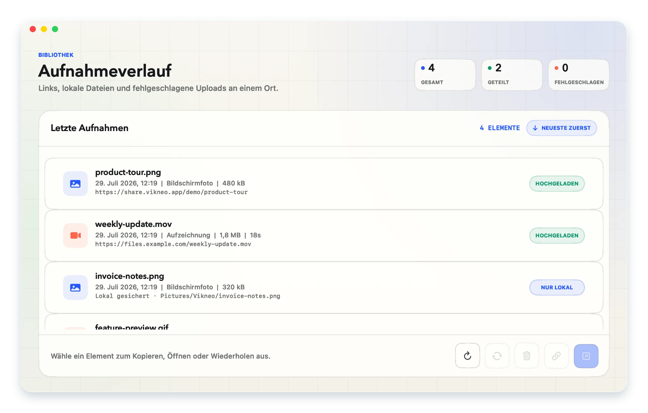 Der Vikneo-Verlauf enthält Screenshots, Aufnahmen und geteilte Links.