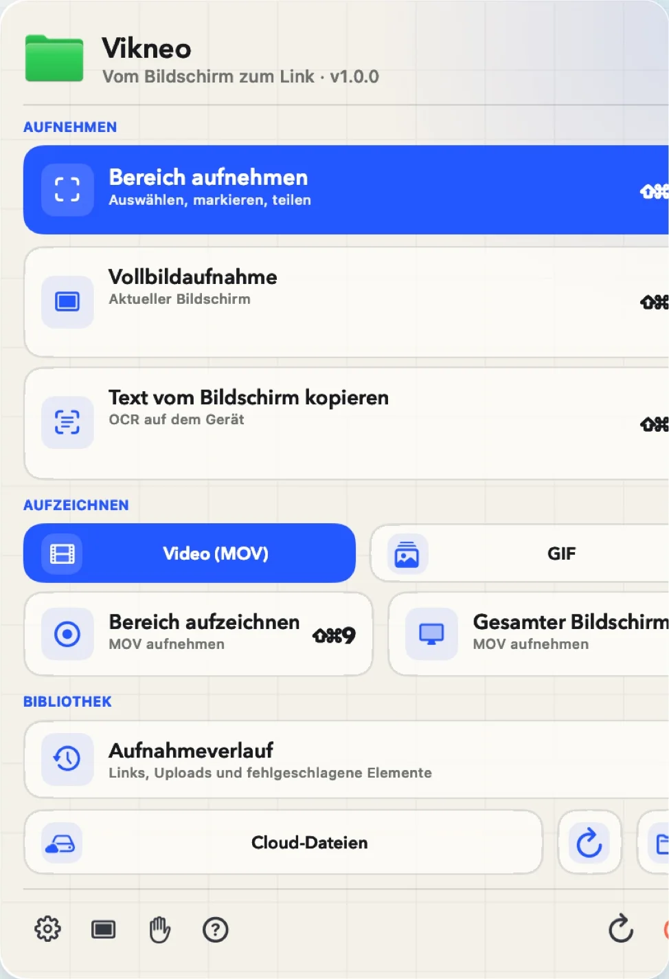 Das Vikneo-Menü zeigt Bereichs- und Vollbildaufnahme, OCR und Videoaufzeichnung.