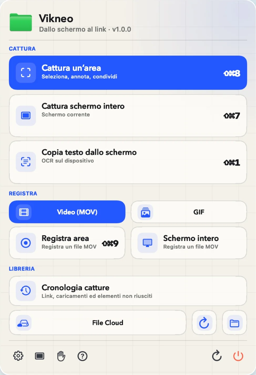 Il menu di Vikneo offre cattura di un’area o dello schermo intero, OCR e registrazione.