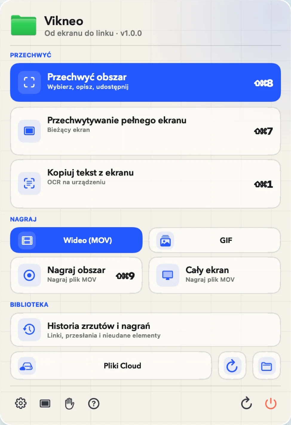 Menu Vikneo pokazuje zrzut obszaru i całego ekranu, OCR oraz nagrywanie.