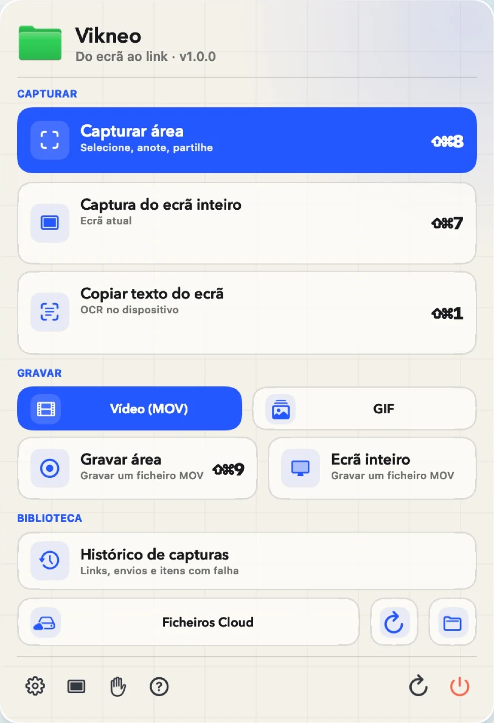O menu do Vikneo mostra captura de área e de ecrã inteiro, OCR e gravação.