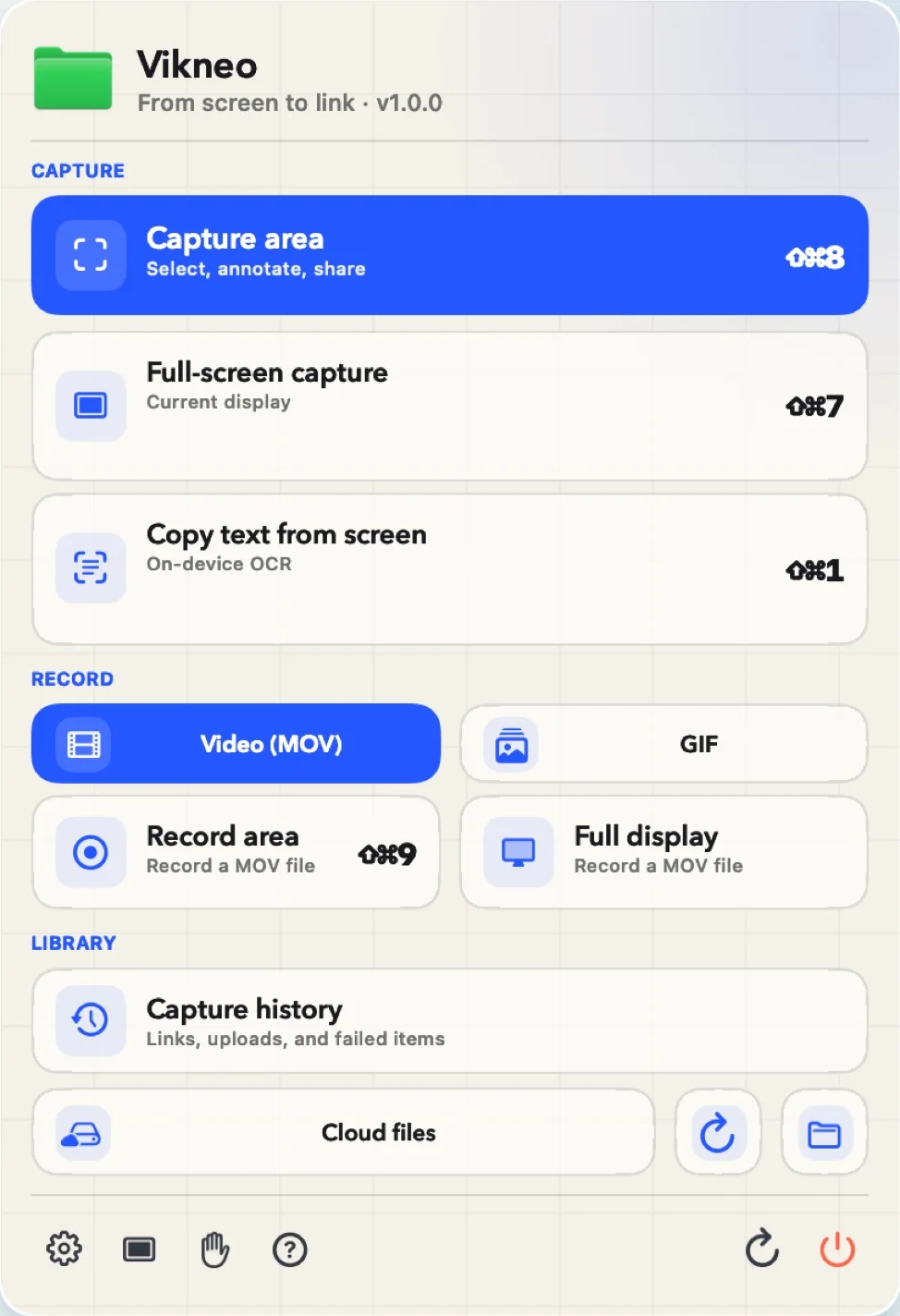 Vikneo menu with area capture, full-screen capture, OCR, and recording actions