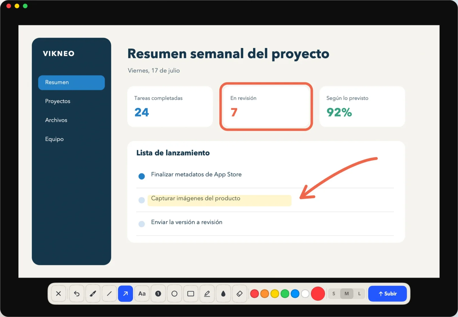 El editor de Vikneo muestra flechas, resaltados, formas, texto, desenfoque y subida.