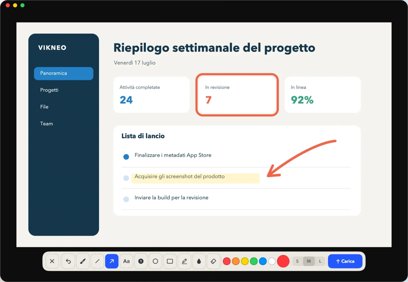 L’editor di Vikneo mostra frecce, evidenziazioni, forme, testo, sfocatura e caricamento.
