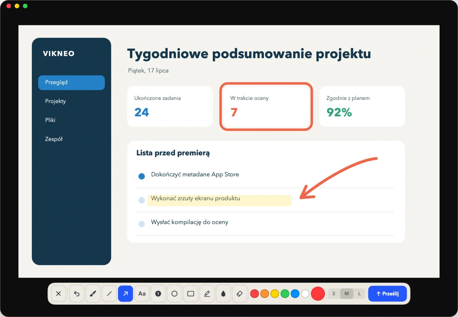Edytor Vikneo pokazuje strzałki, wyróżnienia, kształty, tekst, rozmycie i przesyłanie.
