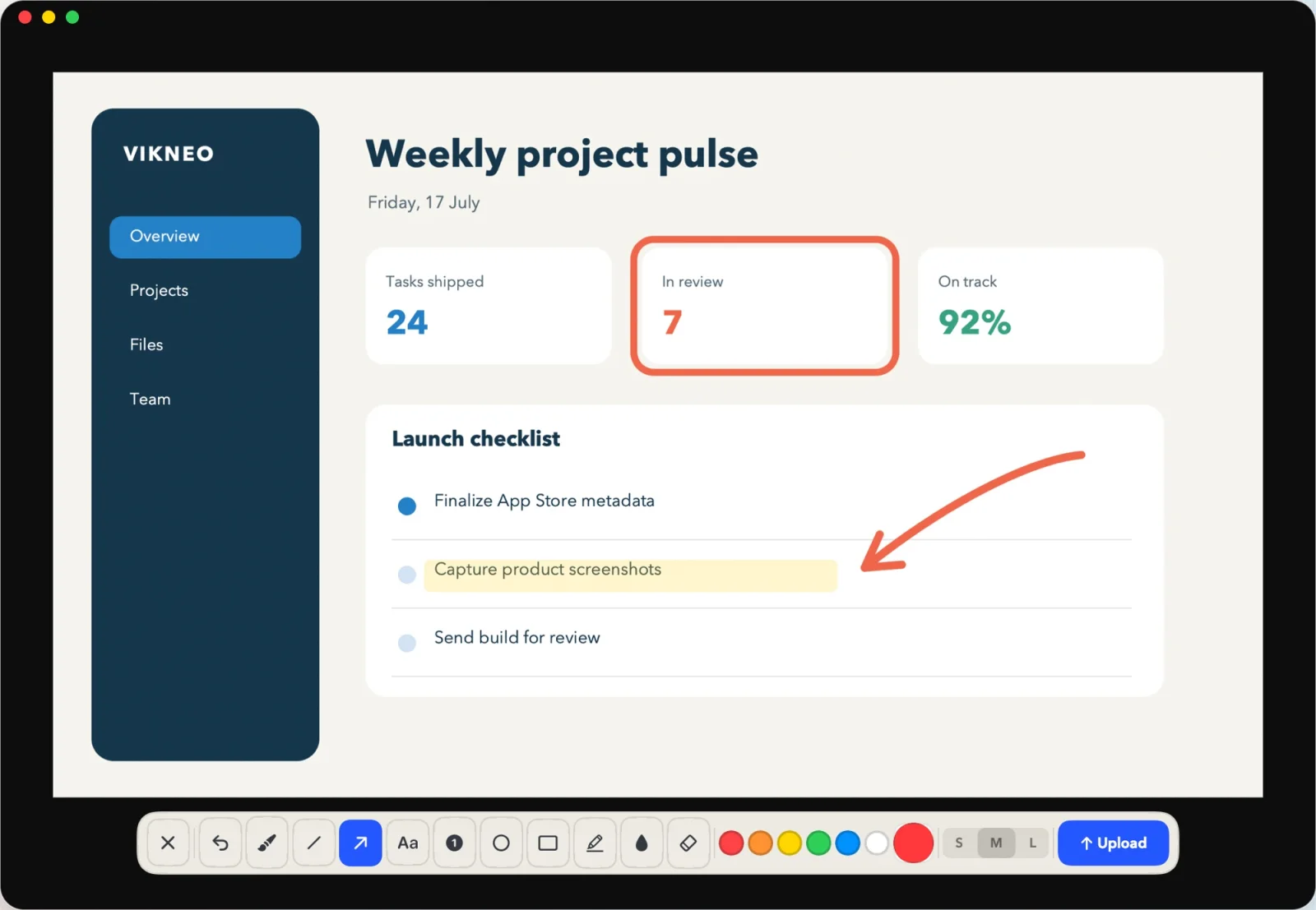 Vikneo editor with arrow, highlight, shape, text, blur, and upload tools