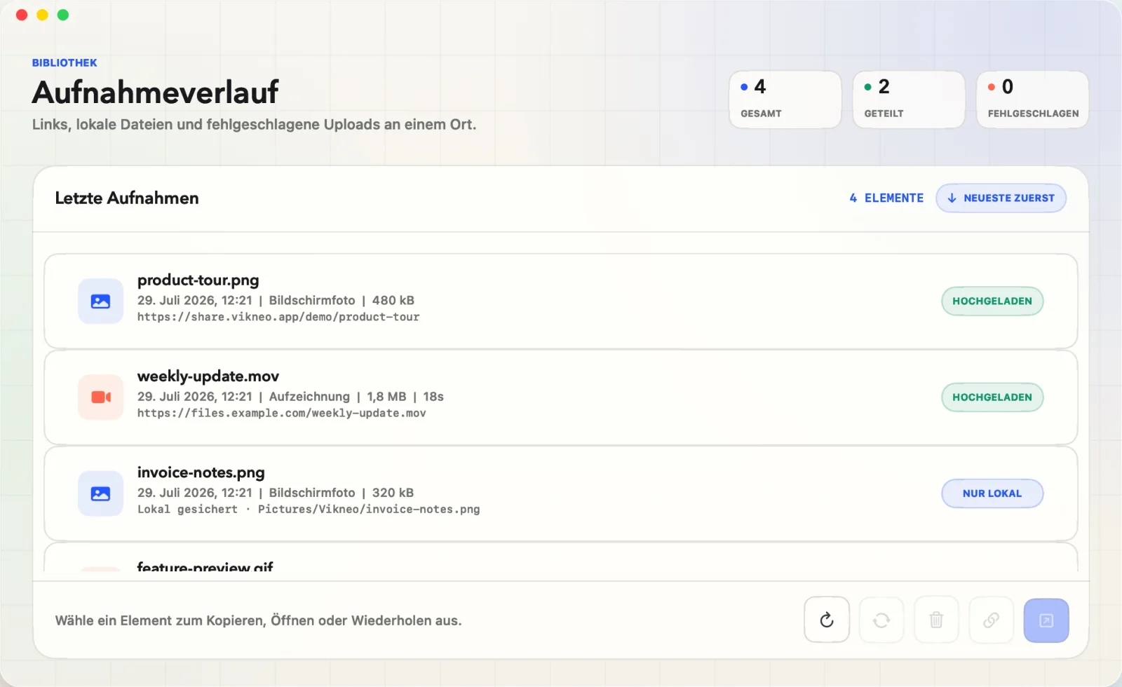 Der Vikneo-Verlauf zeigt geteilte Links, lokale Dateien und den Upload-Status.