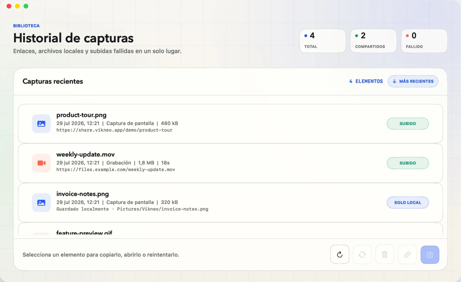 El historial de Vikneo muestra enlaces compartidos, archivos locales y el estado de las subidas.