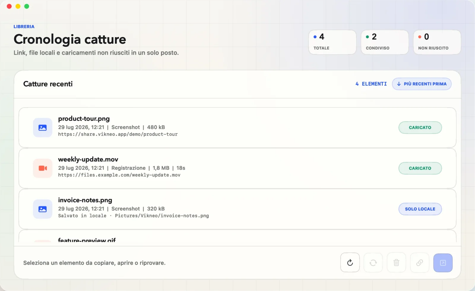 La cronologia di Vikneo mostra link condivisi, file locali e stato dei caricamenti.