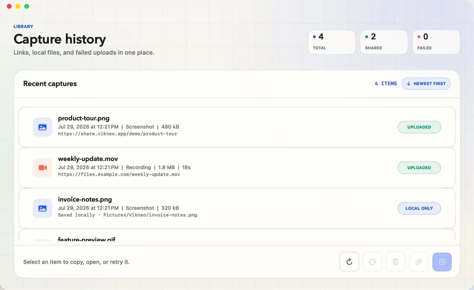Vikneo capture history showing shared links, local files, and upload status